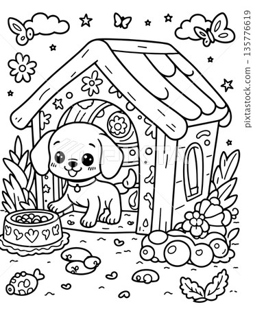 Adorable puppy in its dog house with a food bowl, surrounded by flowers and butterflies 135776619