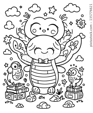 Adorable cartoon insect with wings and bow tie standing on books among cute baby owls in nature 135776621