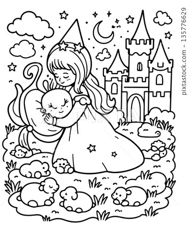 Young princess holding sleeping baby, surrounded by sheep near majestic fairytale castle 135776629