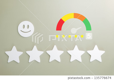 Five star rating customer feedback shows excellent service satisfaction, happy face icon and visual meter illustrating positive online experience and business survey results 135776674