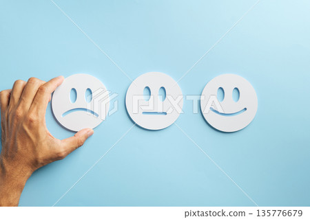 Review illustrates customer negative feedback, hand picking poor unhappy face showing bad experience, satisfaction survey options for service business complaint management 135776679