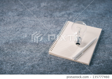 Light bulb on notebook shows knowledge, idea, learning, concept, creative innovation for education or business training, learn from book on dark gray stone textured background 135777460