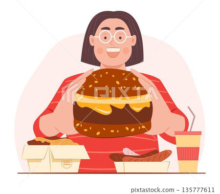 Happy Chubby Woman Enjoy Eating a Big Burger and Fast Food Meal for Unhealthy Calorie Food Eating Lifestyle Concept Illustration Happy Chubby Woman Enjoy Eating a Big Burger and Fast Food Meal for Unhealthy Calorie Food Eating Lifestyle Concept Illustration 135777611