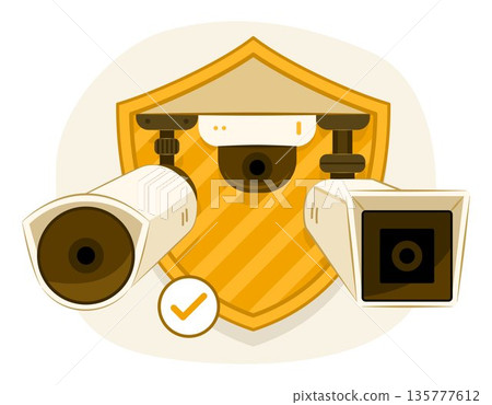 CCTV Camera in Difference Types of Bullet Camera, IP Camera and PTZ Camera with Security Shield Symbol for Security Surveillance Camera and Security Monitoring Service Concept Illustration Clip Art 135777612