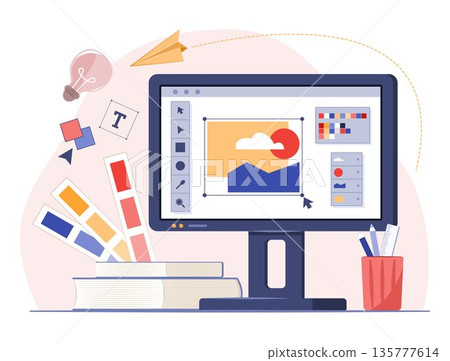 Graphic Design Program on Desktop Computer Monitor with Color Swatch Chart, Books, Pencil and Ruler for Graphic Design Occupation Concept Illustration Graphic Design Program on Desktop Computer Monitor with Color Swatch Chart, Books, Pencil and Ruler for Graphic Design Occupation Concept Illustration 135777614