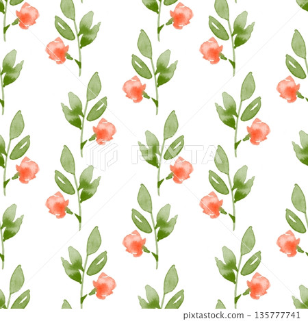 Hand drawn watercolor seamless pattern with small orange flowers and green leaves on white background 135777741