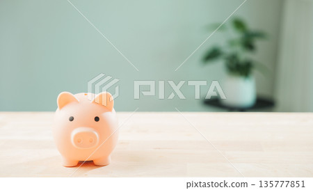 Cute pink piggy bank stands on wooden table for money saving and financial planning, blurred home office background with green houseplant provides minimalist copy space Cute pink piggy bank stands on wooden table for money saving and financial planning, blurred home office background with green houseplant provides minimalist copy space 135777851