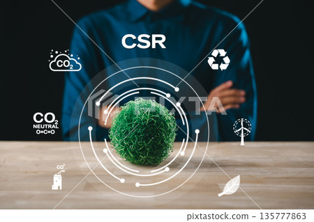CSR, corporate social responsibility business concept, promotes green sustainable environment, energy, recycle, reducing carbon emissions, supporting earth plant growth for future wellbeing CSR, corporate social responsibility business concept, promotes green sustainable environment, energy, recycle, reducing carbon emissions, supporting earth plant growth for future wellbeing 135777863