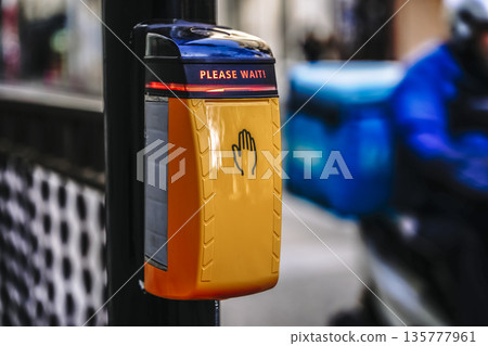 Pedestrian Crossing Signal Button with Please Wait Illuminated Text 135777961