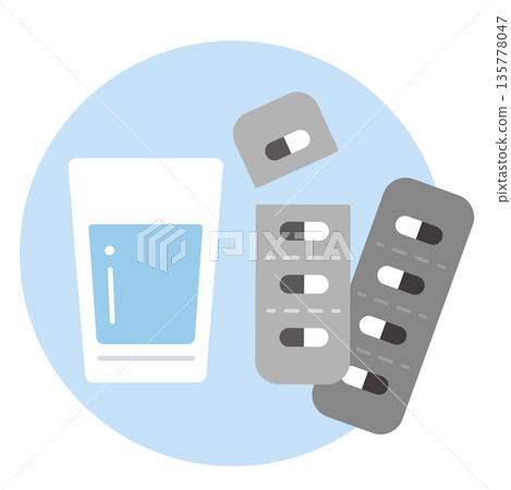 Medicine and cup. Tablets, medicine, oral medicine. Medicine and cup. Tablets, medicine, oral medicine. 135778047
