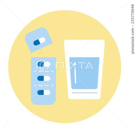 Medicine and cup. Tablets, medicine, oral medicine. Medicine and cup. Tablets, medicine, oral medicine. 135778048