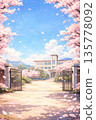 春日的校園建築和操場上，櫻花盛開。 135778092