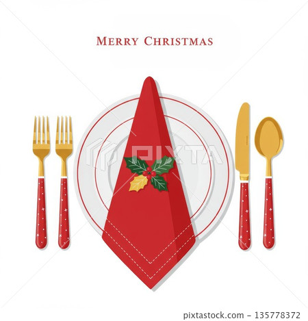 Elegant Christmas Table Setting with Red Napkin and Gold Cutlery 135778372