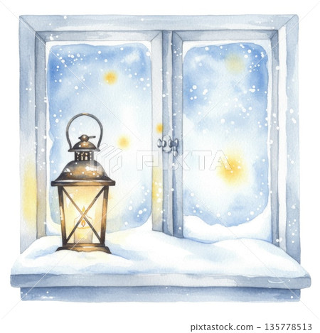 Winter Window Scene with Lantern 135778513