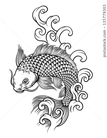 Koi Carp Fish Vintage Japanese Woodcut Style Art 135779303