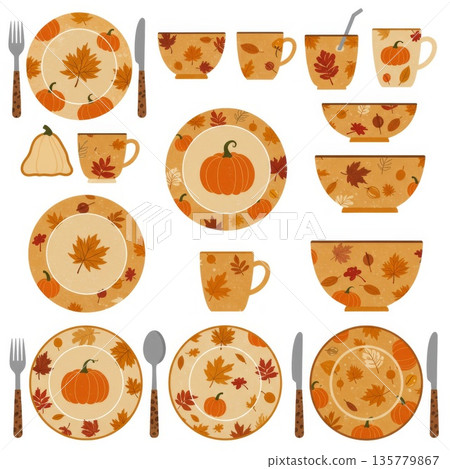 Autumn Harvest Tableware Set: Orange and Brown Plates, Bowls and Cups 135779867