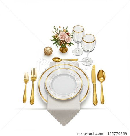 Elegant White and Gold Place Setting with Floral Arrangement 135779869
