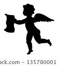 Elegant cupid with scroll vintage style doddle, sketch black silhouette art 135780001