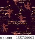 Seamless pattern vintage cupid dark romantic on black background, illegible script, text 135780003