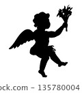 Elegant sitting Cupid on the Saturn with bouquet flowers vintage style doddle, sketch black silhouette art 135780004