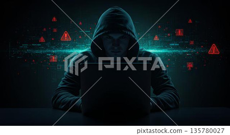 一名蒙面駭客在黑暗中操作電腦，並發出警告警報 135780027