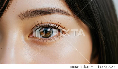 一位年輕女子的特寫鏡頭,她擁有清澈的雙眼和令人印象深刻的長睫毛。 一位年輕女子的特寫鏡頭,她擁有清澈的雙眼和令人印象深刻的長睫毛。 135780028