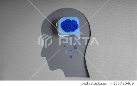 Dark cloud raining inside head symbolizes mental struggle, high stress Dark cloud raining inside head symbolizes mental struggle, high stress 135780469