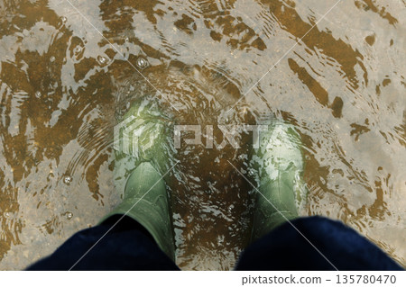 POV shot of person with Rain Boots standing in Floodwater. POV shot of person with Rain Boots standing in Floodwater. 135780470