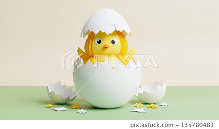 Adorable yellow chick hatching from a cracked white eggshell, surrounded by paper flowers Adorable yellow chick hatching from a cracked white eggshell, surrounded by paper flowers 135780481