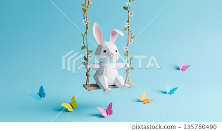 Cute low-poly white bunny on a swing surrounded by colorful butterflies and flowers 135780490