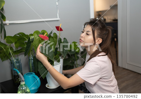 Woman Tending to Her House Plants in a Bright Living Room 135780492