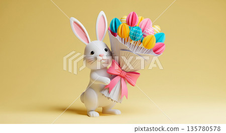Cute cartoon Easter bunny holding a colorful bouquet of decorative eggs with a pink bow 135780578
