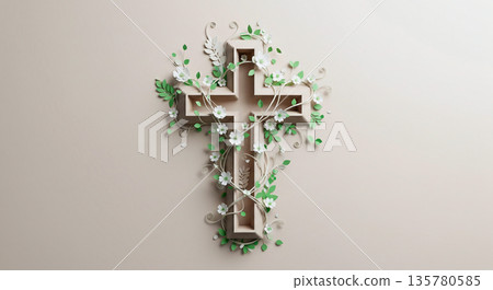 Elegant paper cross adorned with delicate white flowers and green leaves on a neutral background Elegant paper cross adorned with delicate white flowers and green leaves on a neutral background 135780585