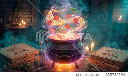 Magical cauldron brewing a pepperoni pizza with glowing mystical smoke and herbs Magical cauldron brewing a pepperoni pizza with glowing mystical smoke and herbs 135780594