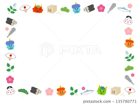 A cute square frame with a Setsubun motif A cute square frame with a Setsubun motif 135780771