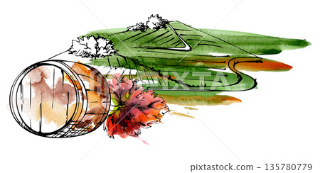 Hilly farmland with scattered fields in organic patchwork patterns, barrel and grape leaf closeup. Isolated watercolor and ink illustration for Europe and America wine regions tourism, eco-packaging 135780779