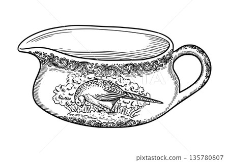 Vintage porcelain sauce boat with graceful pheasant motifs. Realistic hand drawn vector dinnerware with ornament. Perfect for outline card design. Ideal for elegant tableware decor and nostalgic art. 135780807