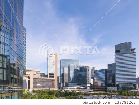 Urban landscape with buildings of various designs against the blue sky 135781263
