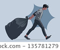 Man Dragging Large Black Garbage Bag Illustration 135781279