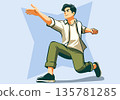 Illustration of an Energetic Young Man in a Dynamic Action Pose 135781285