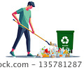 Man Cleaning Up Plastic Waste for Recycling Illustration 135781287