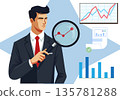 Businessman Analyzing Financial Growth with Magnifying Glass Illustration 135781288