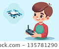 Little Boy Playing with Drone Illustration 135781290