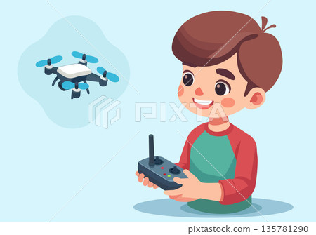 Little Boy Playing with Drone Illustration Little Boy Playing with Drone Illustration 135781290