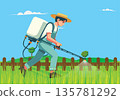 Illustration of a Farmer Spraying Pesticide or Fertilizer 135781292