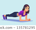 Young Woman Doing Plank Exercise while Wearing Headset Illustration 135781295