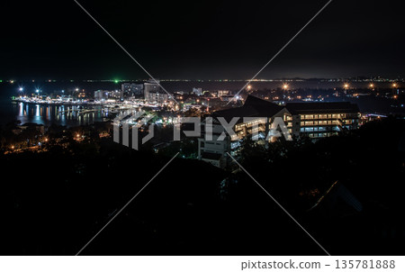 Laem Thaen with top view on Khao Sam Muk Mountain at night view of chonburi, Beautiful Khao Sam Muk view point twilight. Laem Thaen with top view on Khao Sam Muk Mountain at night view of chonburi, Beautiful Khao Sam Muk view point twilight. 135781888