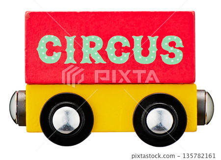 Wooden toy freight car with "CIRCUS" lettering, red and yellow train parts, cutouts Wooden toy freight car with "CIRCUS" lettering, red and yellow train parts, cutouts 135782161