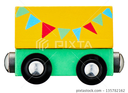 Wooden toy freight car with garland design, yellow and green train parts, cutouts 135782162