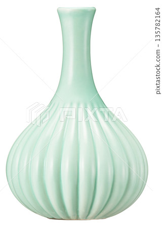 Pale mint green ceramic vase with vertical stripes texture and cutout 135782164